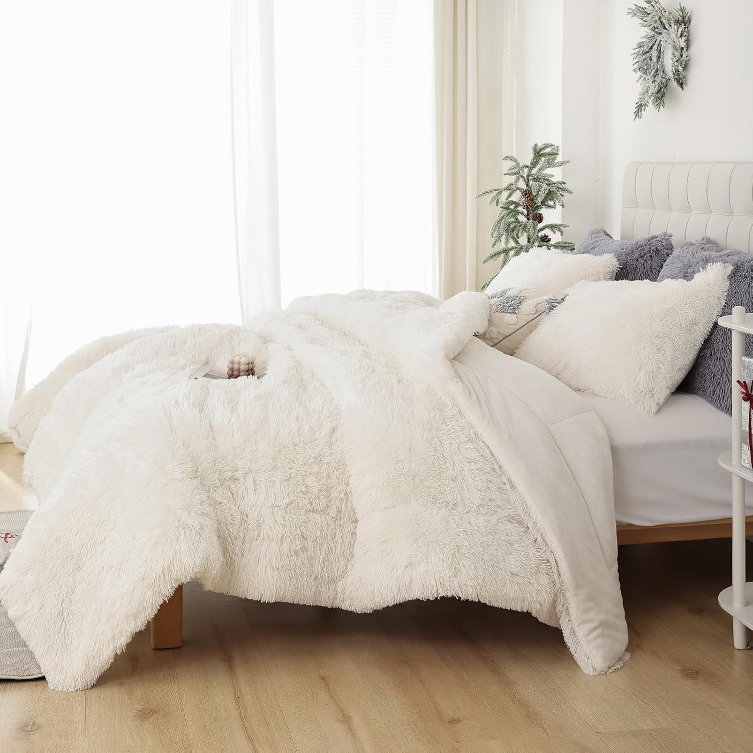 Smoofy Juego de edredón de pelo sintético beige, tamaño Queen, 3 piezas, juego de edredón de felpa mullida y mullida, bonito juego de ropa de cama