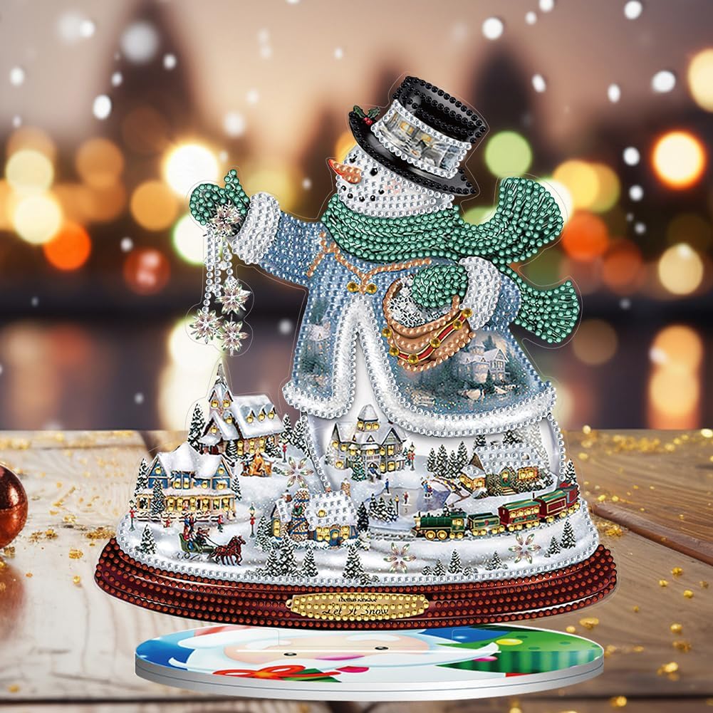 Orgone Kit de adornos de escritorio de pintura de diamante de muñeco de nieve 5D con forma especial, diamantes de imitación de madera, adorno de