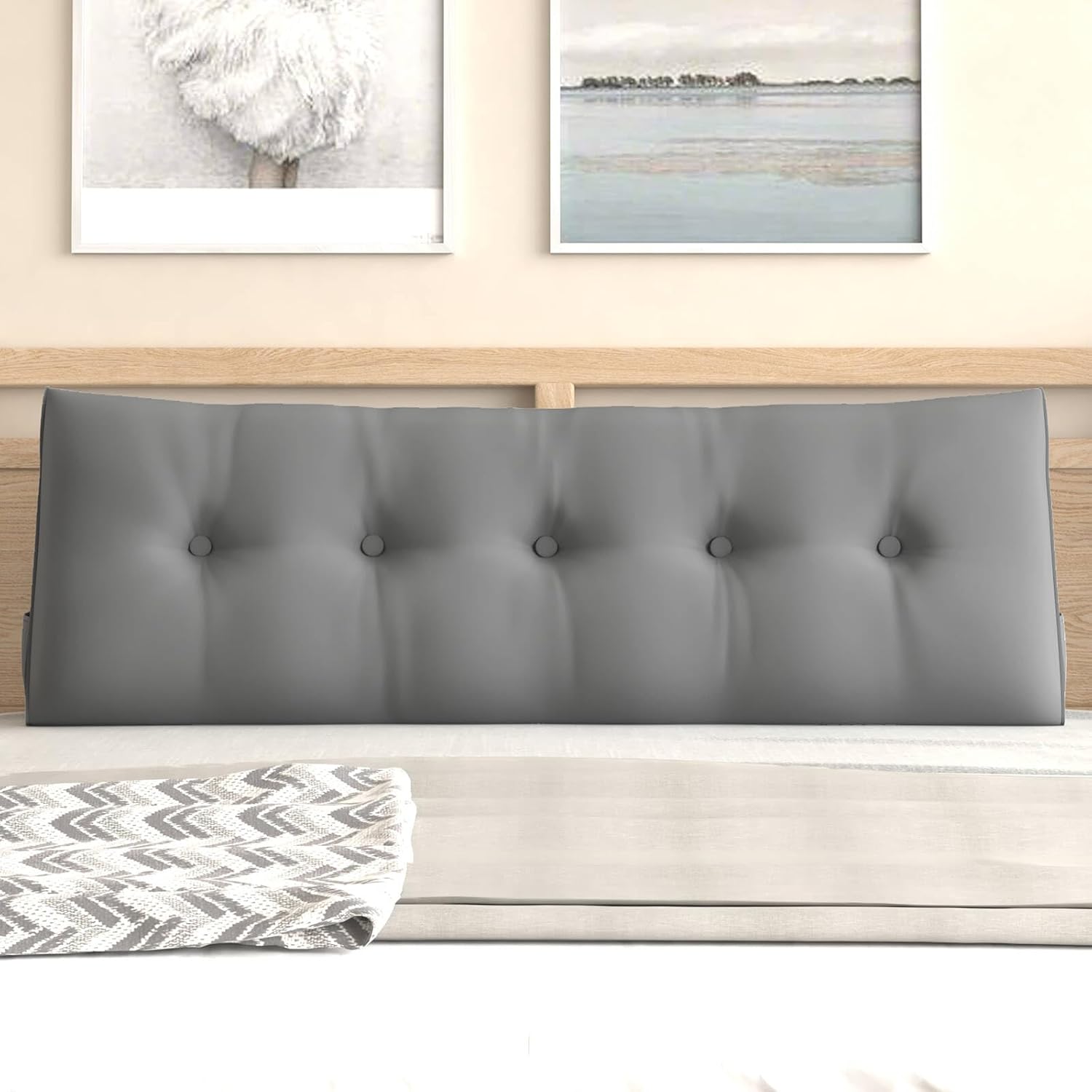 CECER Almohada de cabecera de cama matrimonial, almohada triangular grande para lectura con dos bolsillos laterales, cojín largo de cuña para cama o