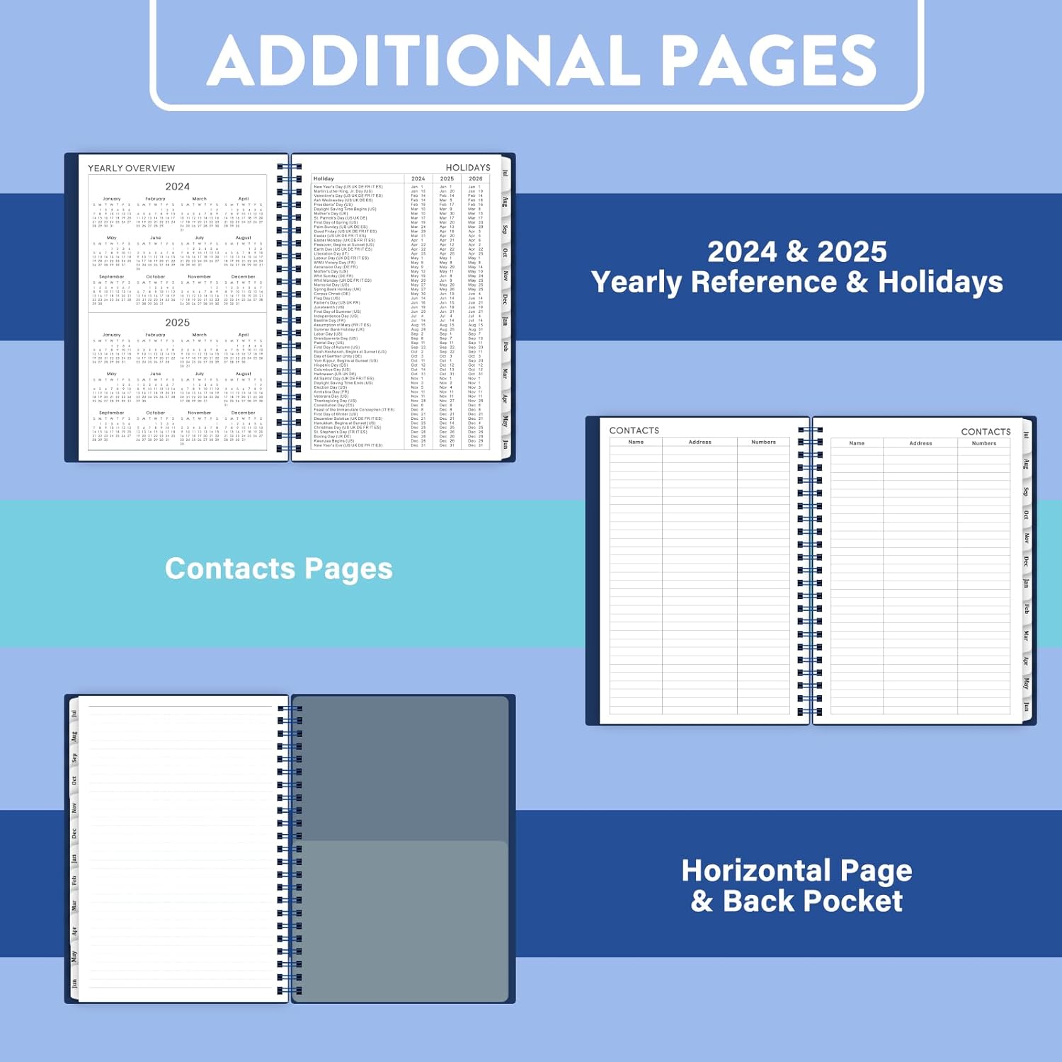 Agenda 2024-2025, agenda semanal y mensual con pestañas, calendario 2024-2025 con tapa flexible, papel grueso A5, encuadernación de doble alambre,