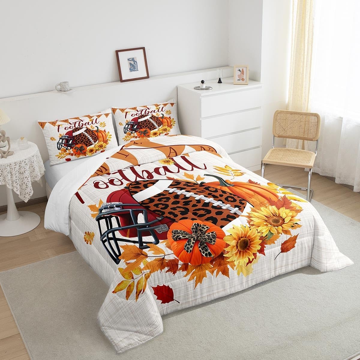 TYTS8656ZMD-BZ_USk – Juego de edredón de fútbol americano, ropa de cama de otoño con girasoles y calabaza, tamaño King, juegos deportivos de dibujos