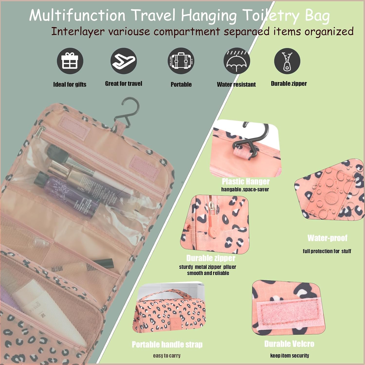L&FY Neceser de viaje portátil multifunción, bolsa de maquillaje cosmético, estuche de aseo organizador de lavado, Impresión de leopardo.,