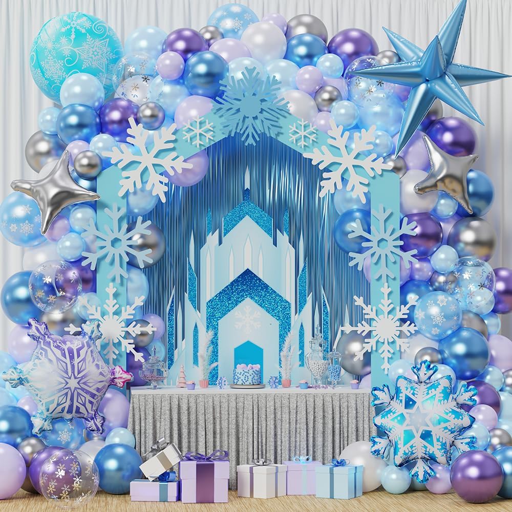 Kit de arco de guirnalda de globos de copo de nieve azul y morado, 148 globos de hielo azul nieve, morado, plateado y blanco para invierno, país de