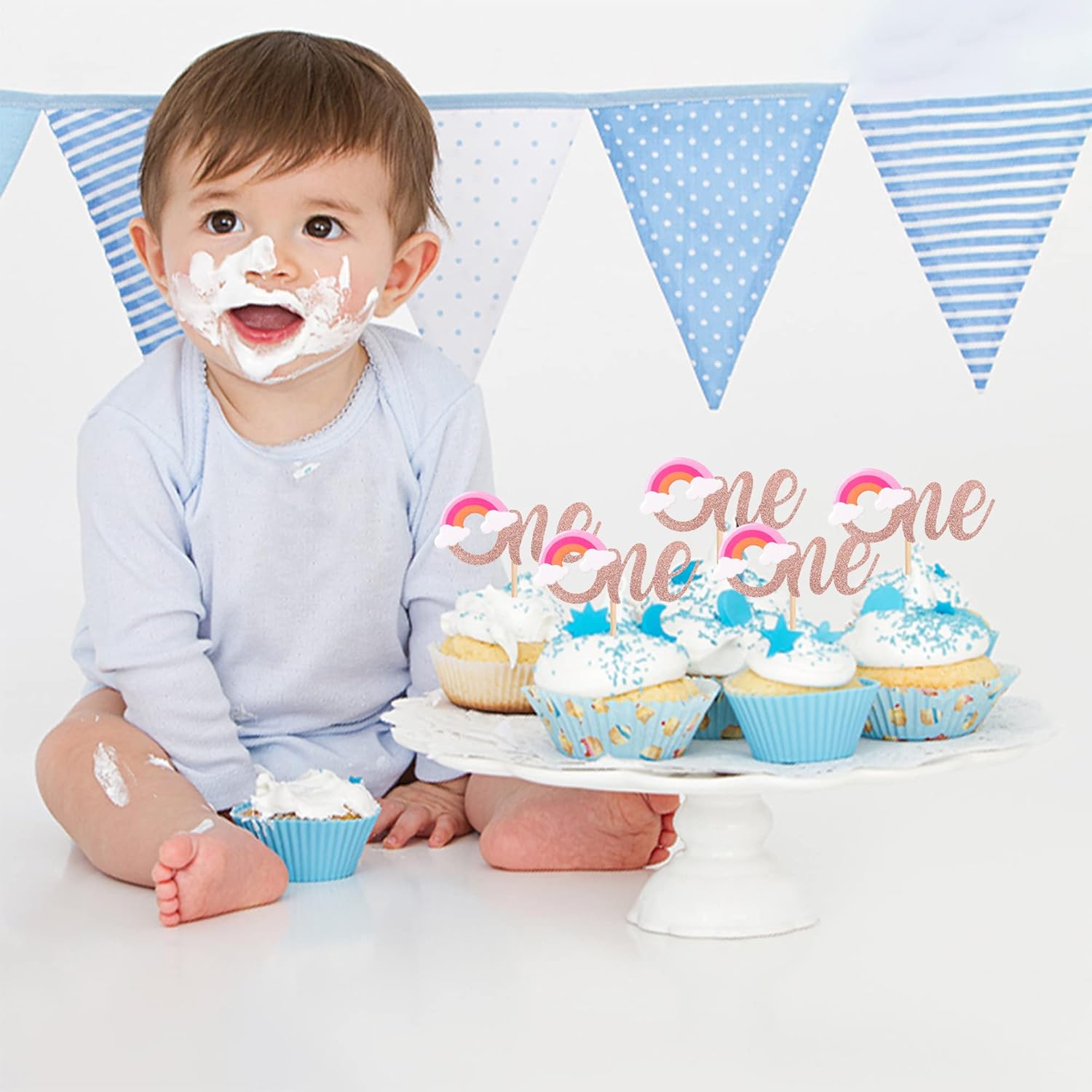 Paquete de 24 adornos para cupcakes de arcoíris con purpurina para el primer cumpleaños, decoración para baby shower, niñas, niños, fiesta de primer