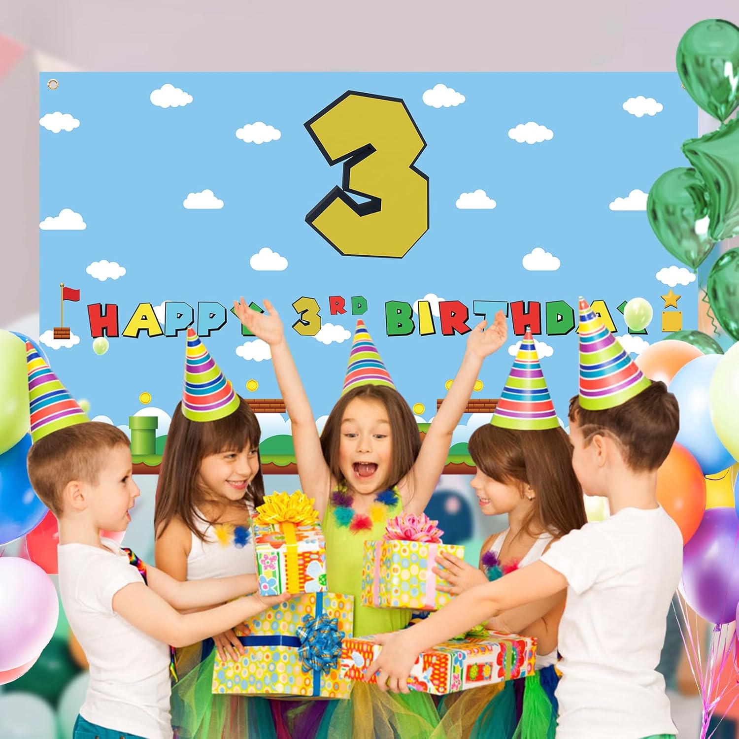 Cartel de tercer cumpleaños de Super Brother, telón de fondo de cumpleaños de videojuegos para niños y niños, suministros de decoración de fiesta de