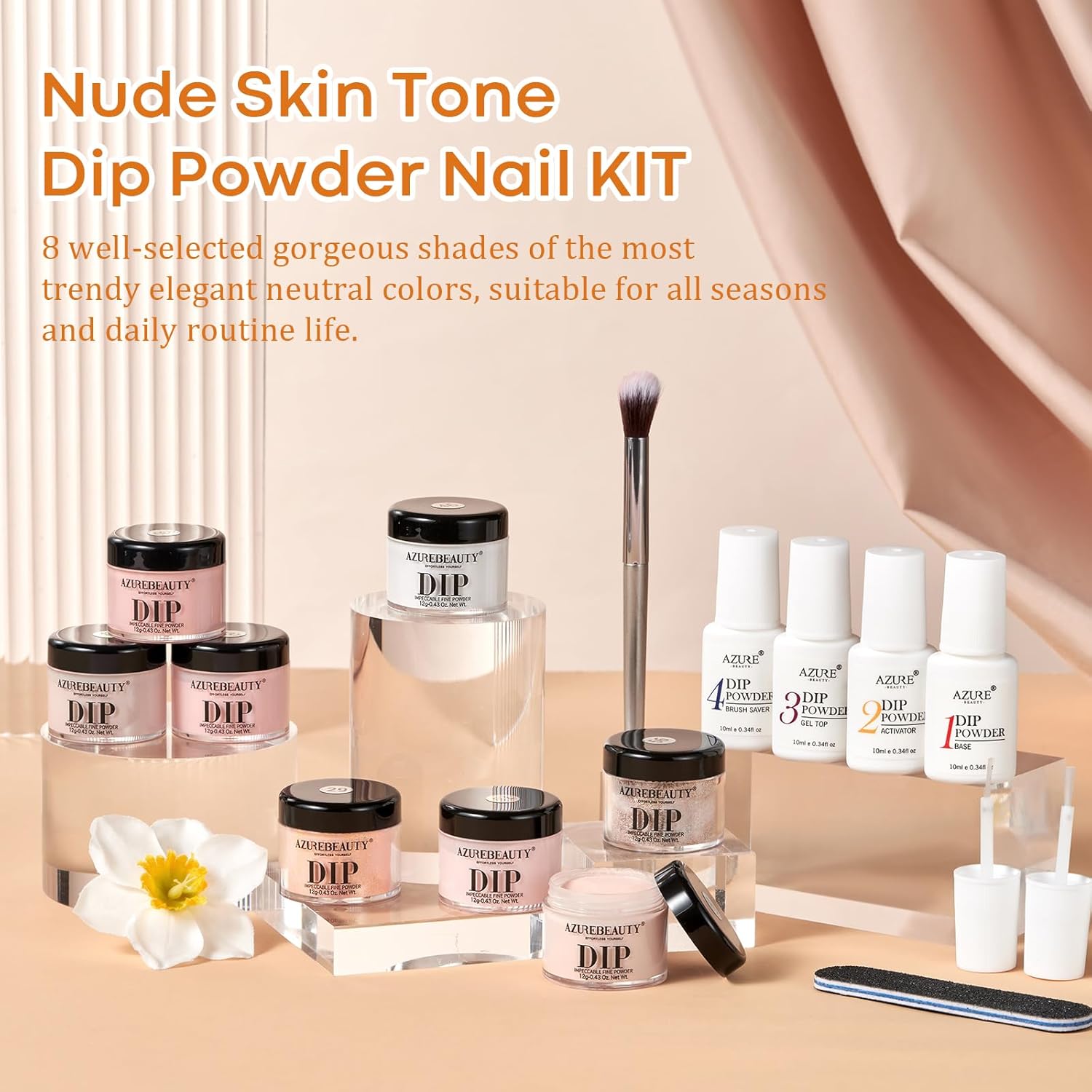 AZUREBEAUTY Kit de iniciación de 18 piezas de polvo de inmersión para uñas, 8 tonos de piel nude, champán, brillantina, rosa neutro, con polvo de