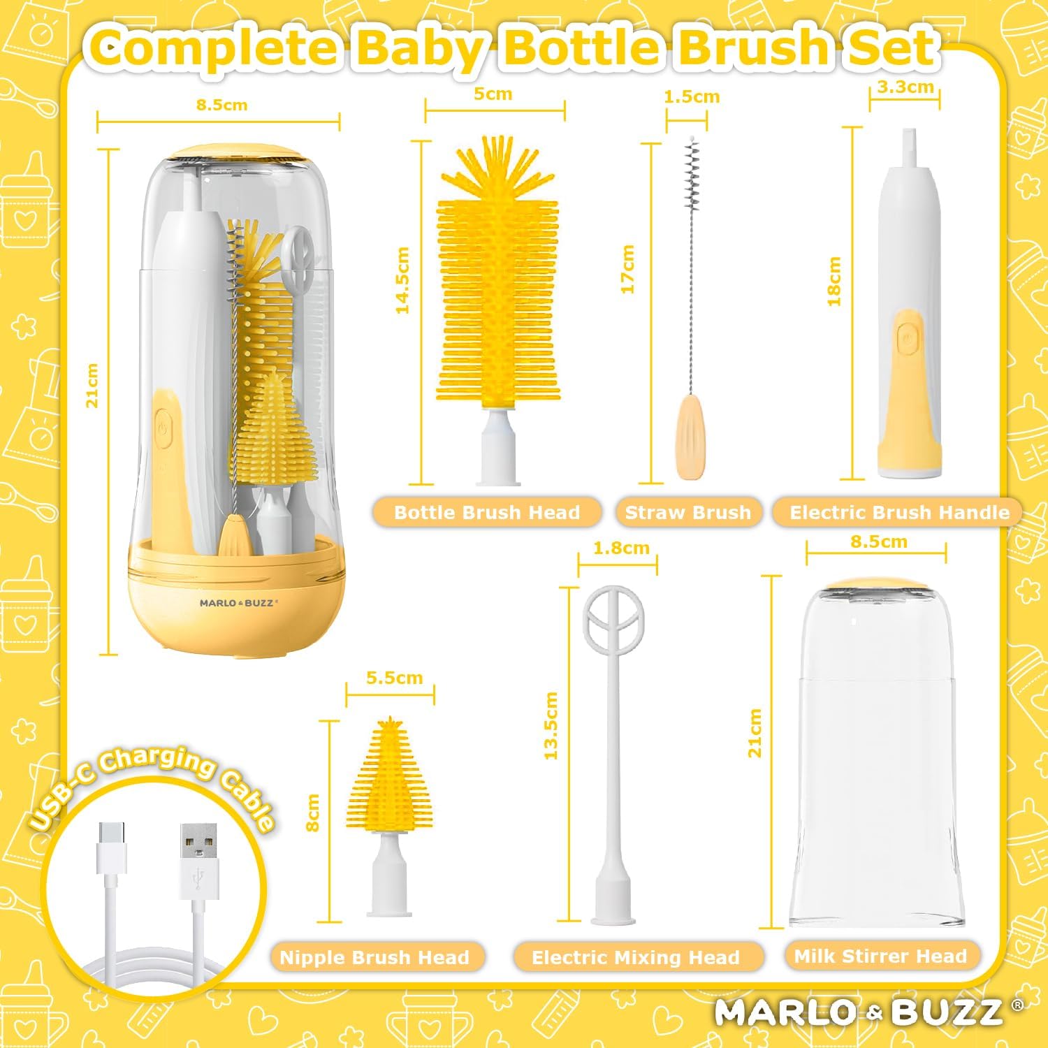 Marlo & Buzz Juego de limpiador eléctrico de cepillos para biberones, cepillos de silicona impermeables recargables con cepillo para biberón grande,