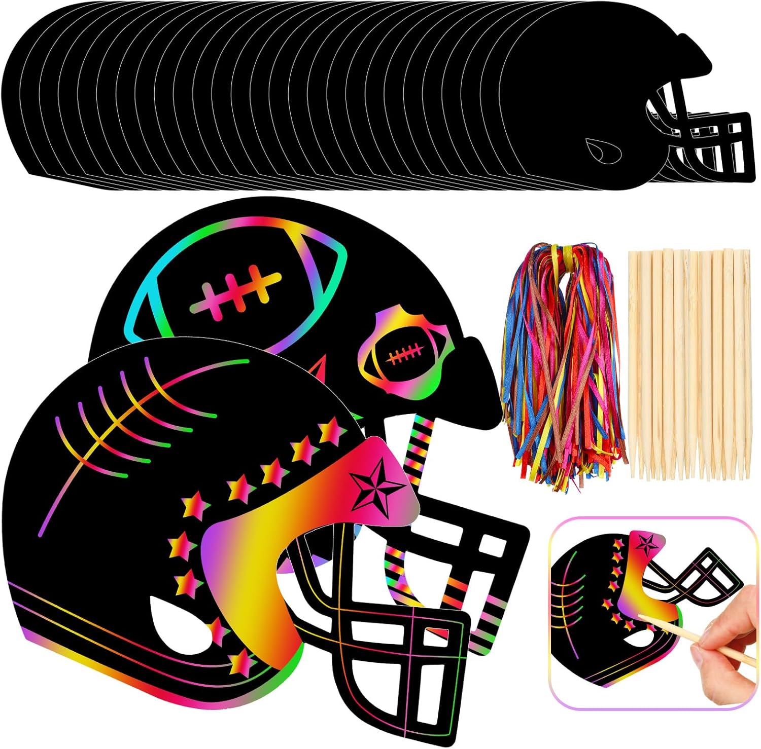 Syhood Juego de 64 piezas de manualidades de papel para rascar de fútbol, casco de fútbol, tarjetas de rascar con lápiz óptico de madera y cintas