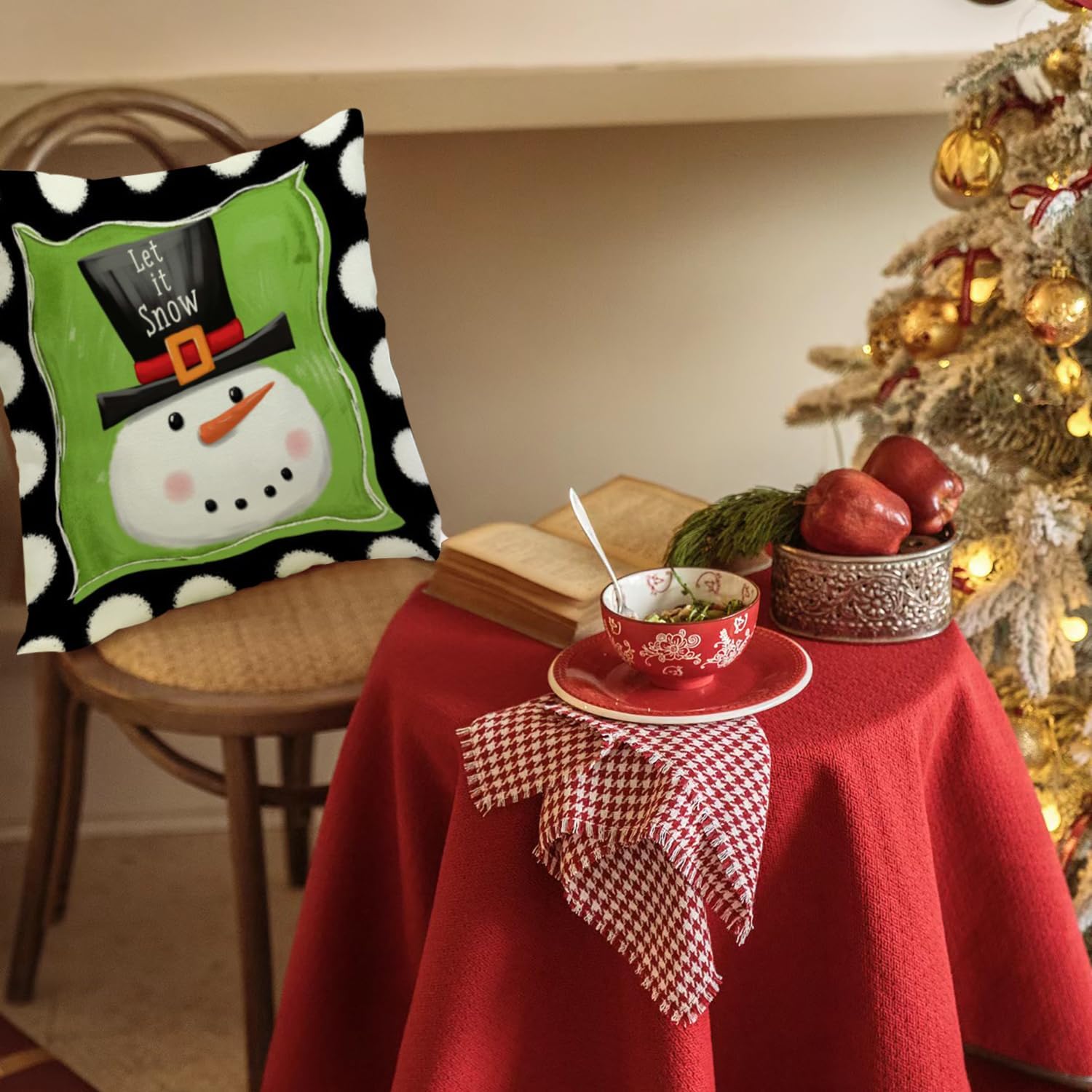 Juego de 4 fundas de almohada navideñas de 18 x 18 pulgadas, muñeco de nieve, Papá Noel, lunares, Ho Ho Ho Joy, decorativas, para decoración de