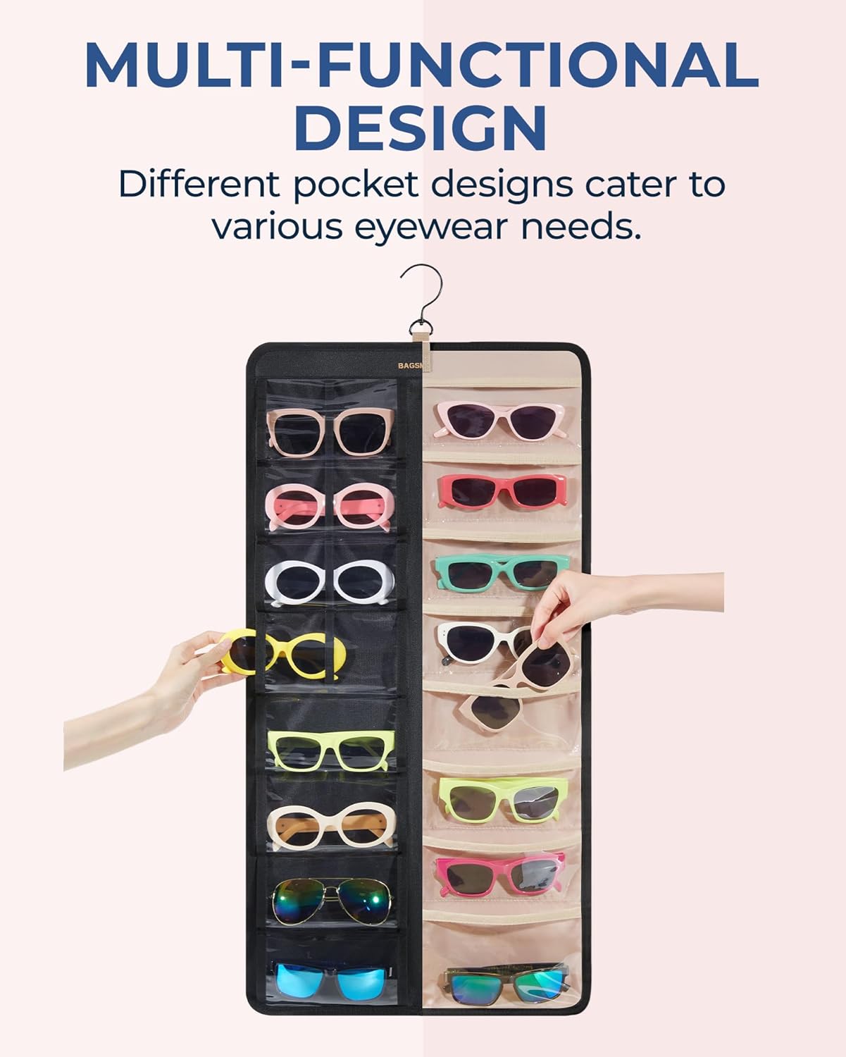 BAGSMART Organizador de joyas colgante, estuche de almacenamiento para lentes de sol a prueba de polvo montado en la pared, estuche de viaje de