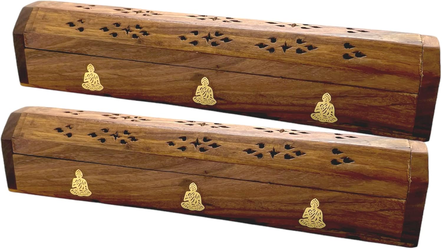 Paquete de 2 quemadores de incienso de madera tipo ataúd – Incrustaciones de latón de 12 pulgadas – Compartimento de almacenamiento (Buddha)