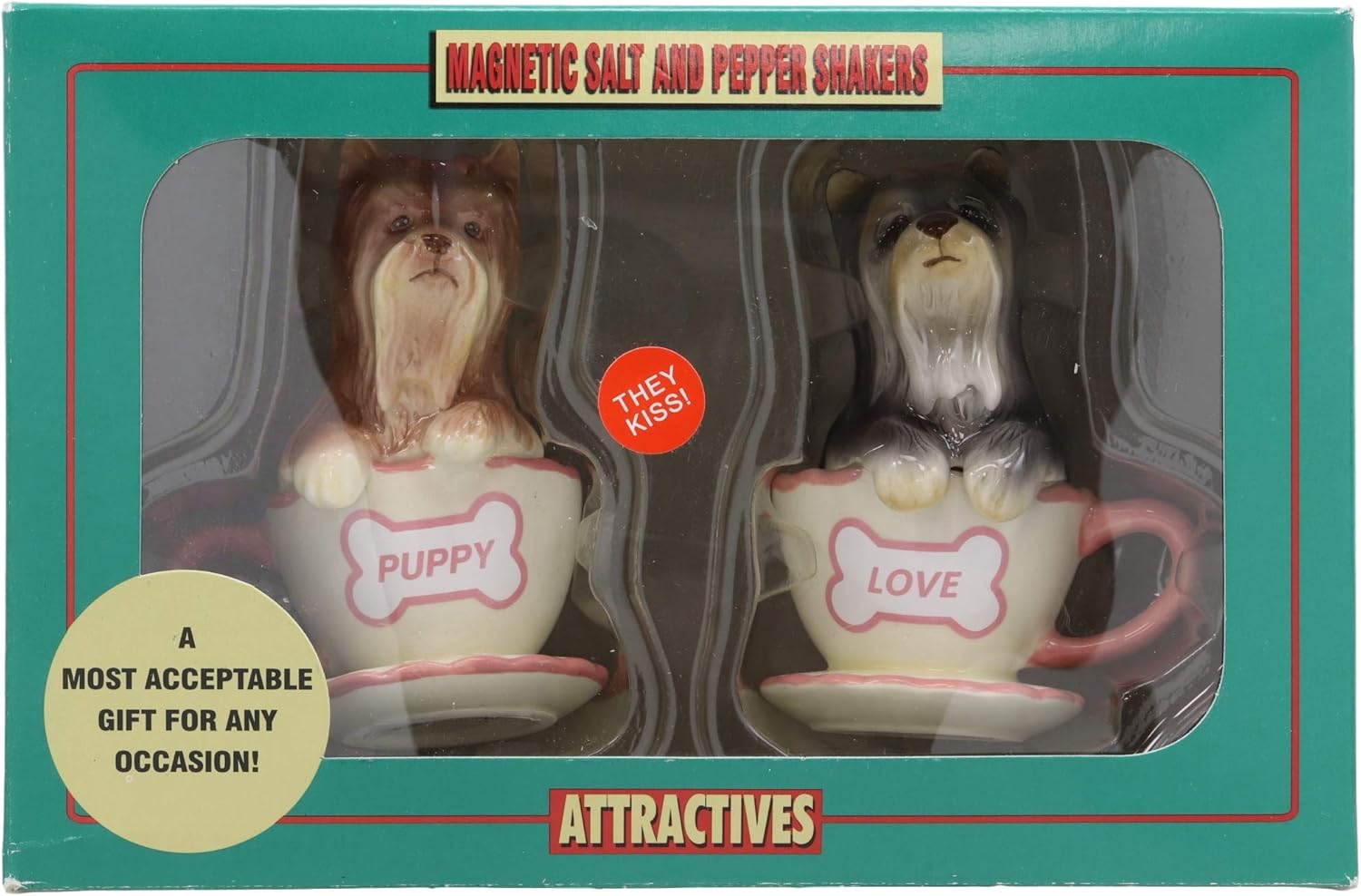 Ebros – Juego de salero y pimentero de cerámica de Yorkshire Terriers Yorkie de cerámica con tazas de té, juego de salero y pimentero, figuras de