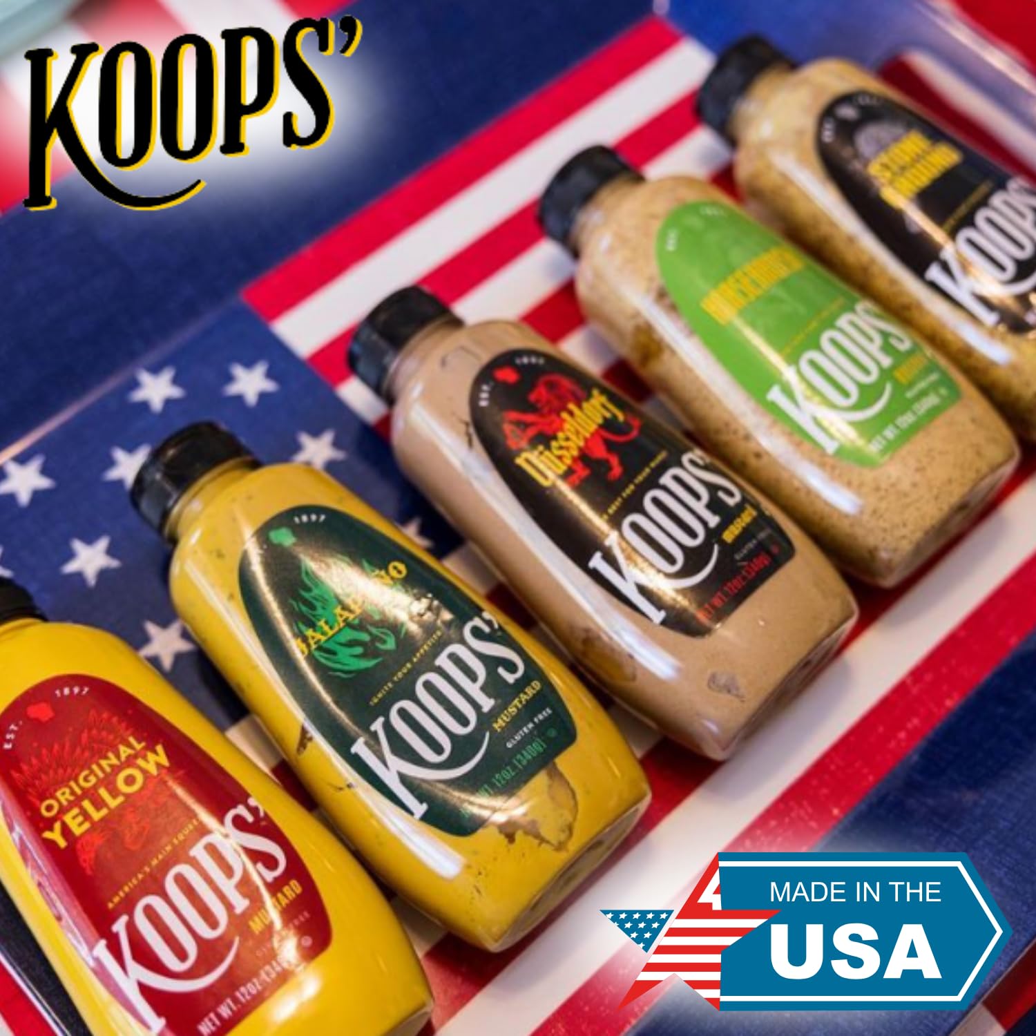 Koops’ Fan Favorites Paquete variado de mostaza, rábano picante, calor de Arizona, mostaza de miel y tierra de piedra, sin gluten, kosher, fabricado