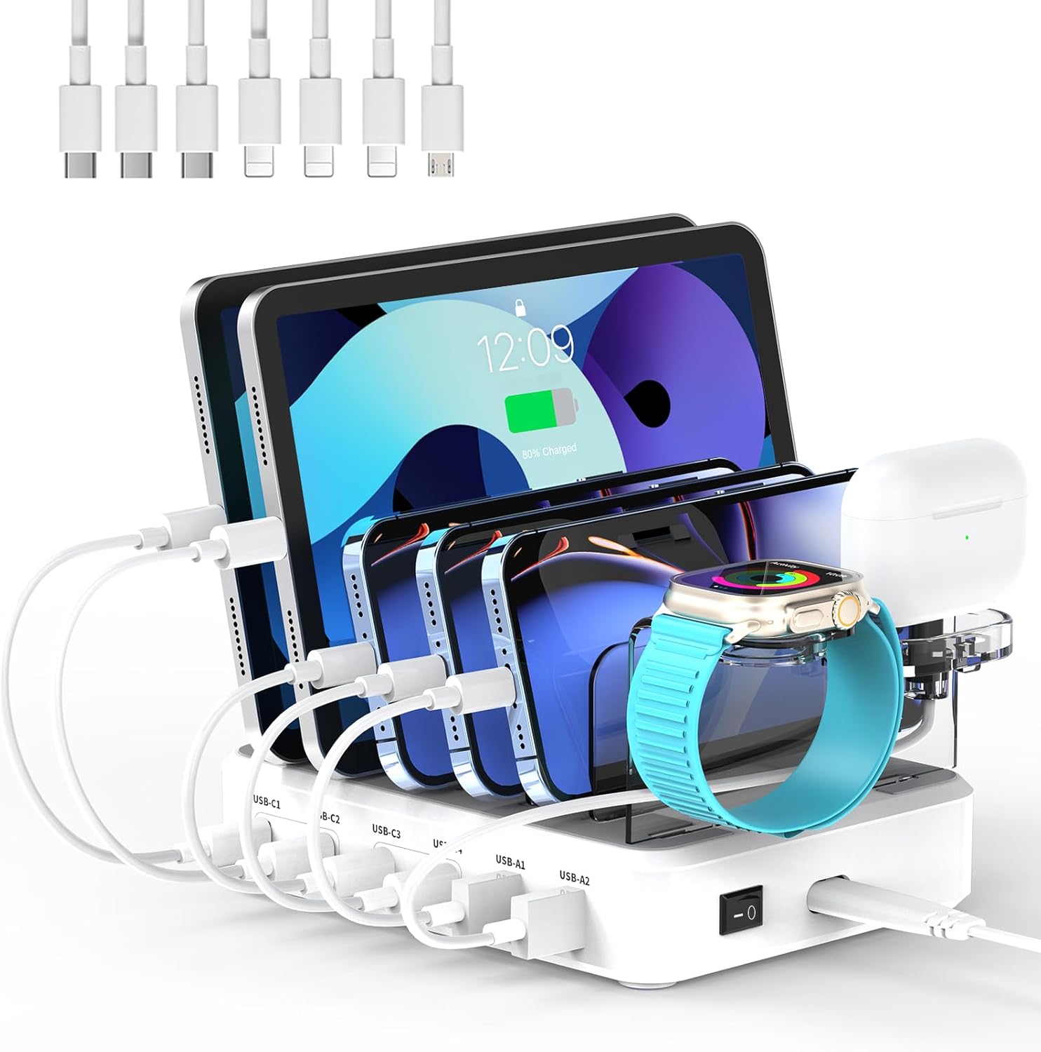 TYCRALI Estación de carga de 120 W para múltiples dispositivos Apple iPhone iPad Airpods, 4C2A (C1C2 65W+C3C4 45W) cargador rápido USB C para