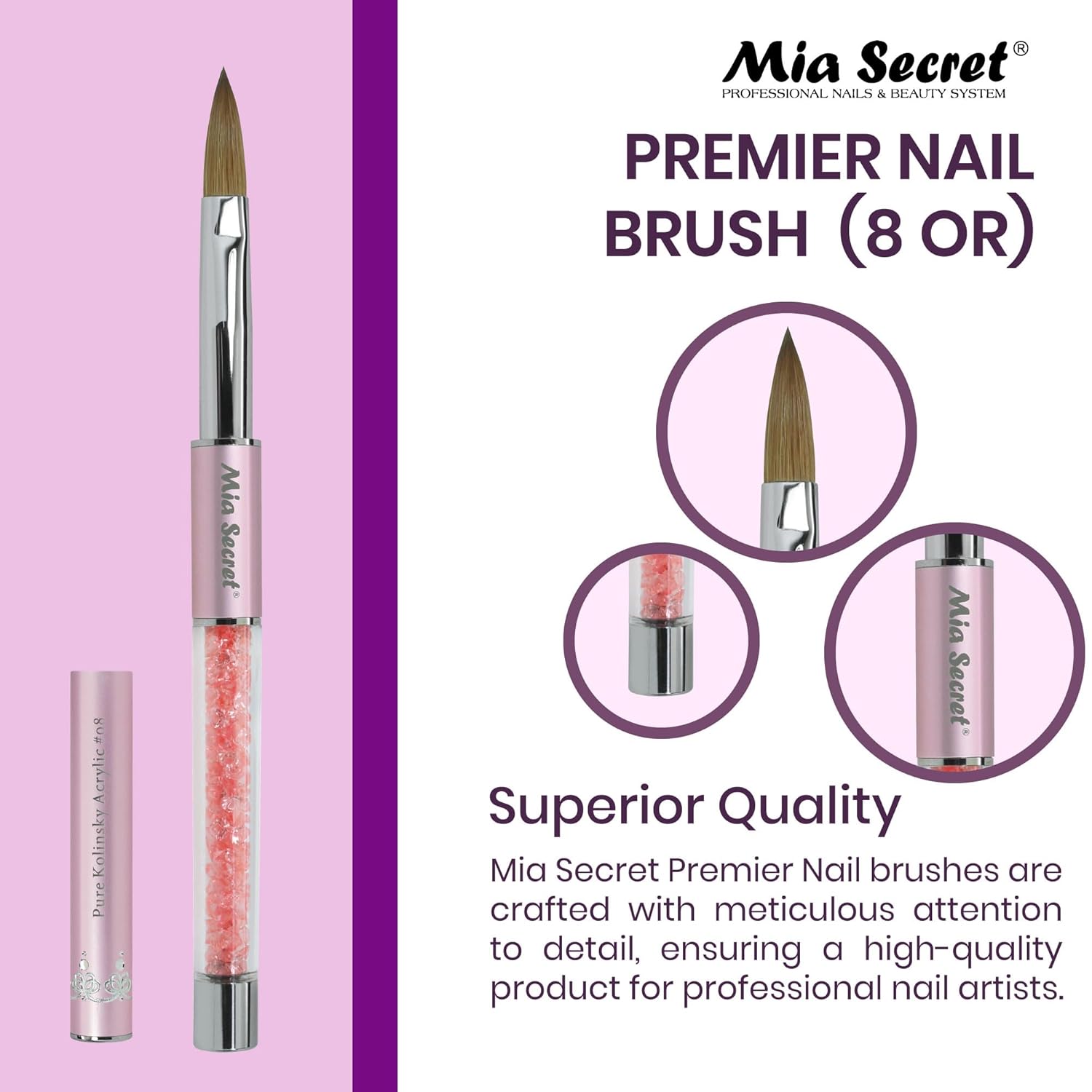 Mia Secret PREMIER – Pinceles de uñas 100% Kolinsky hechos en Estados Unidos, pinceles para arte de uñas prenio (rosa, 8 o)