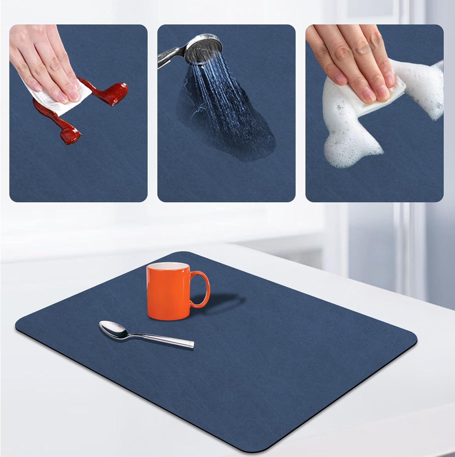 Tapete de secado de platos para encimera de cocina, con parte trasera de goma absorbente, antideslizante, de secado rápido, tapete de café fácil de