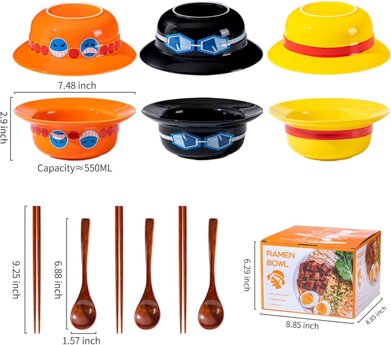 Cuenco de ramen con sombrero de paja (cuenco de cerámica + cuchara de madera + palillos) para los fanáticos del anime