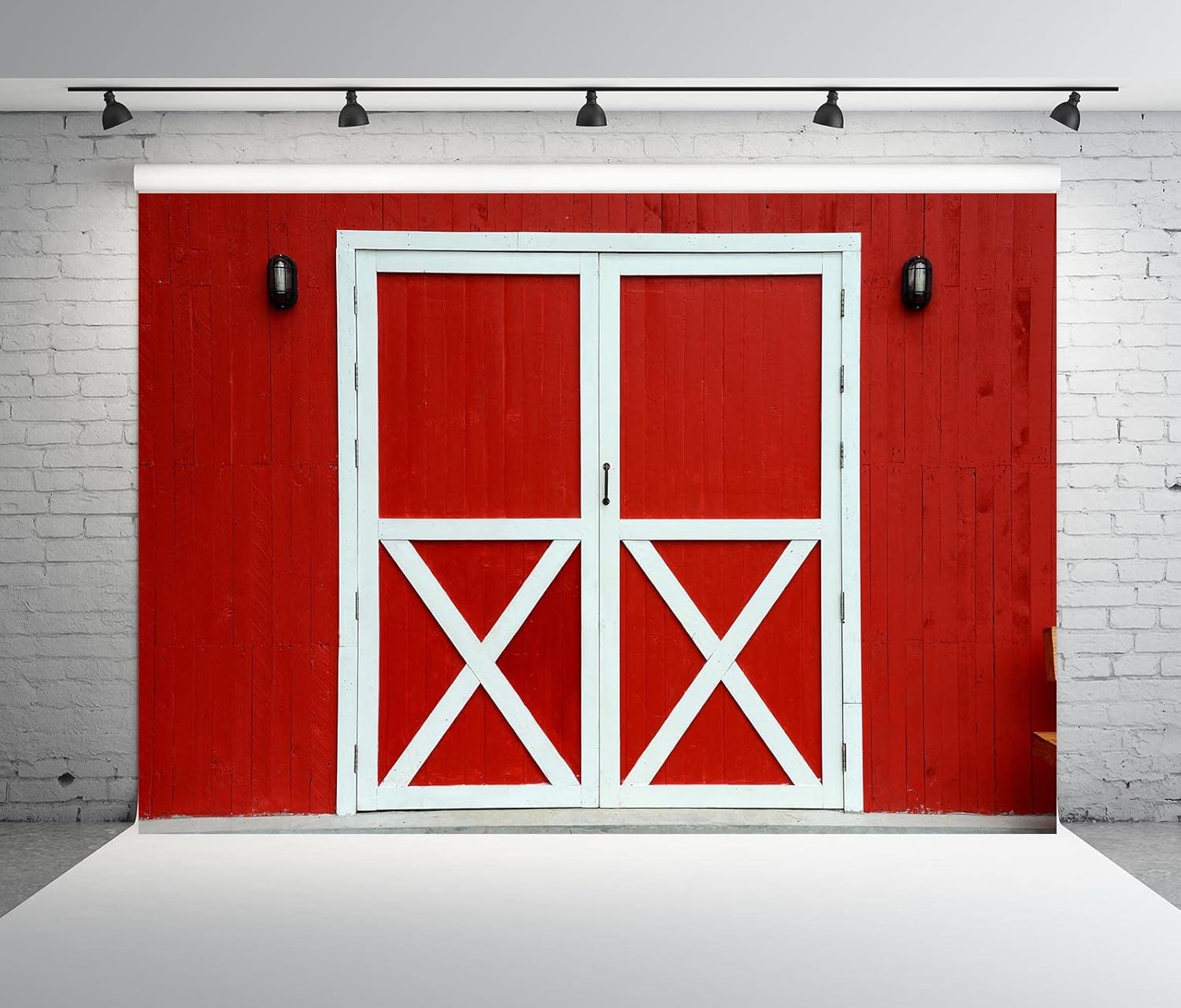 BELECO Telón de fondo rojo de granja de 8 x 6 pies para fotografía de granja, puerta de granero de madera rústica, fondo de escena del país