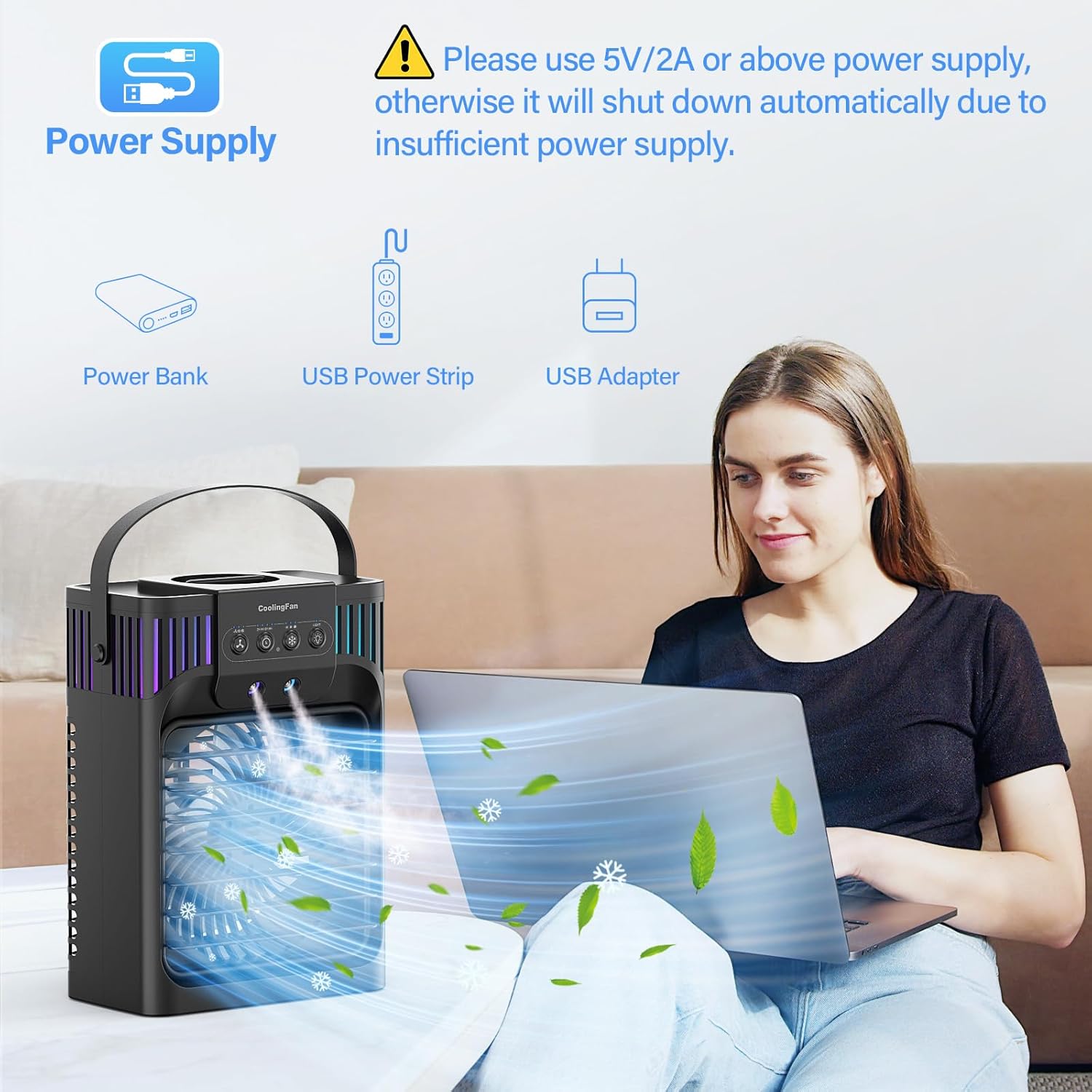 Aire acondicionado portátil, ventilador de refrigeración de 40.6 fl oz con control remoto, 3 velocidades de viento y 7 luces LED, 3 niebla fría y