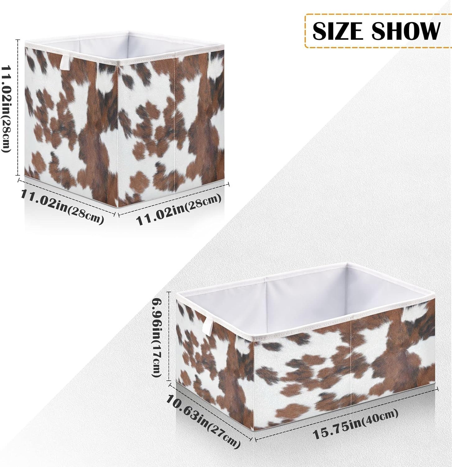 Kigai Cubo de almacenamiento plegable con estampado de vaca blanca y marrón, caja de almacenamiento de juguetes para organizar el hogar, estantes,