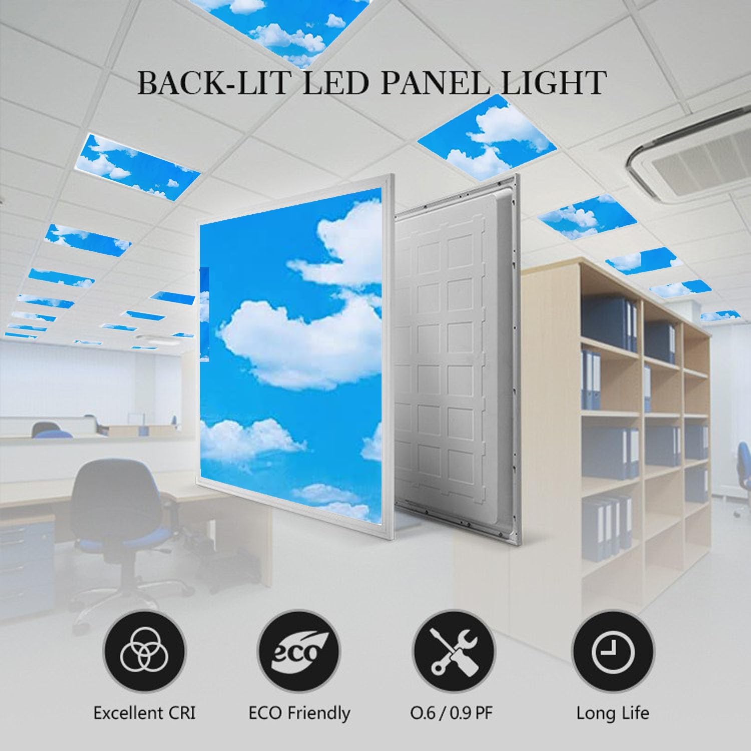 Superyofo Paquete de 6 luces LED de panel plano de 2 pies de 4800 lúmenes, 0-10 V regulables, cielo azul plano y nubes, 50 W, blanco 6000 K, 120 V,
