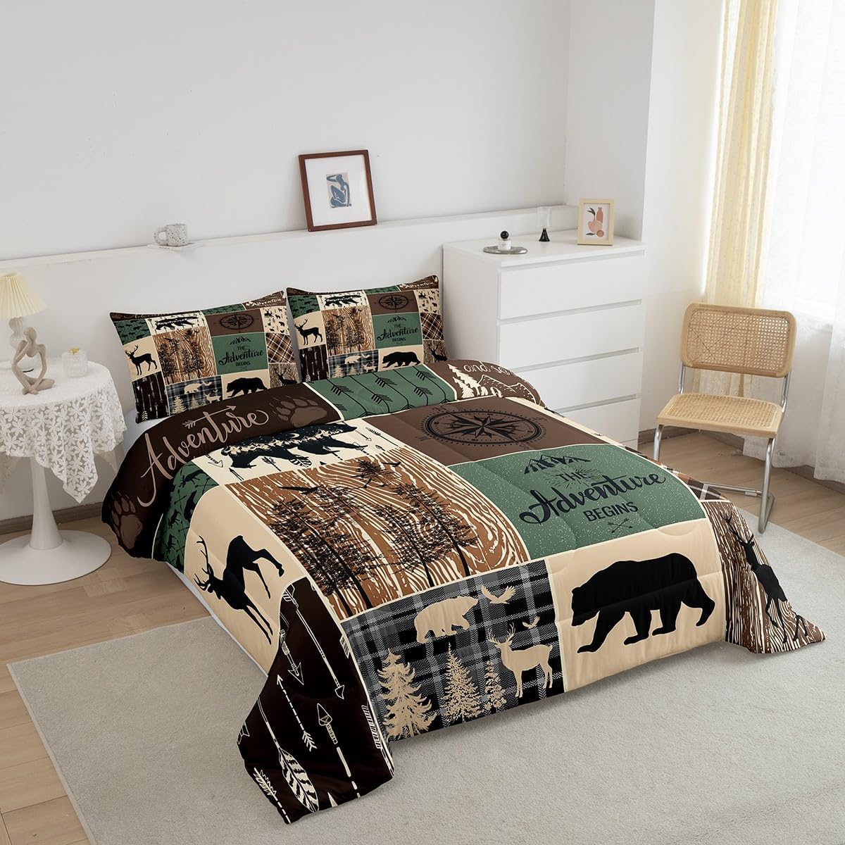 Juego de edredón de oso de caza, ciervo, juego de ropa de cama a cuadros tamaño King, edredón rústico de retazos de cabaña para niños, adolescentes,