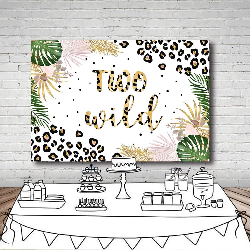 MEHOFOND Fondo de dos salvajes para niñas, diseño de leopardo, rosa, selva, safari, tema de 2 cumpleaños, decoración de fiesta, fondo de hojas