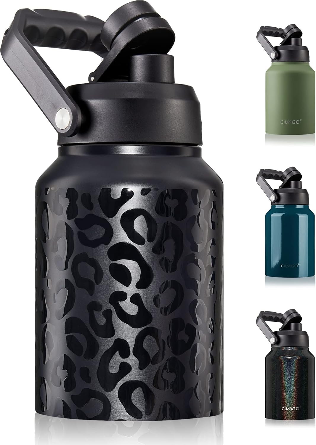 CIVAGO Jarra de agua aislada de medio galón con asa, frasco de agua deportivo de acero inoxidable de 64 onzas, gran cantimplora de metal, leopardo