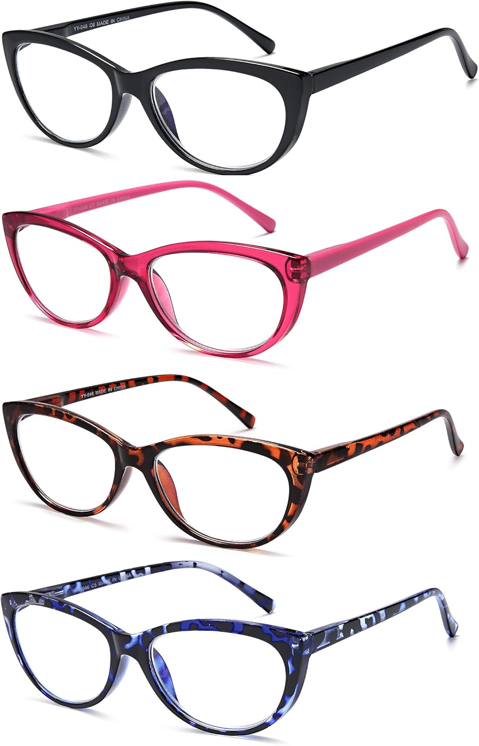 EYEURL Paquete de 4 lentes de lectura de ojo de gato para mujer, lentes de lectura con bloqueo de luz azul, ligeras, bisagra de resorte, antifatiga