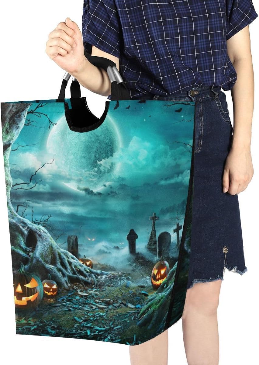 Cesta grande de noche espeluznante de Halloween con luna llena, bolsa de lavandería plegable, con asas para lavandería, dormitorio, decoración del