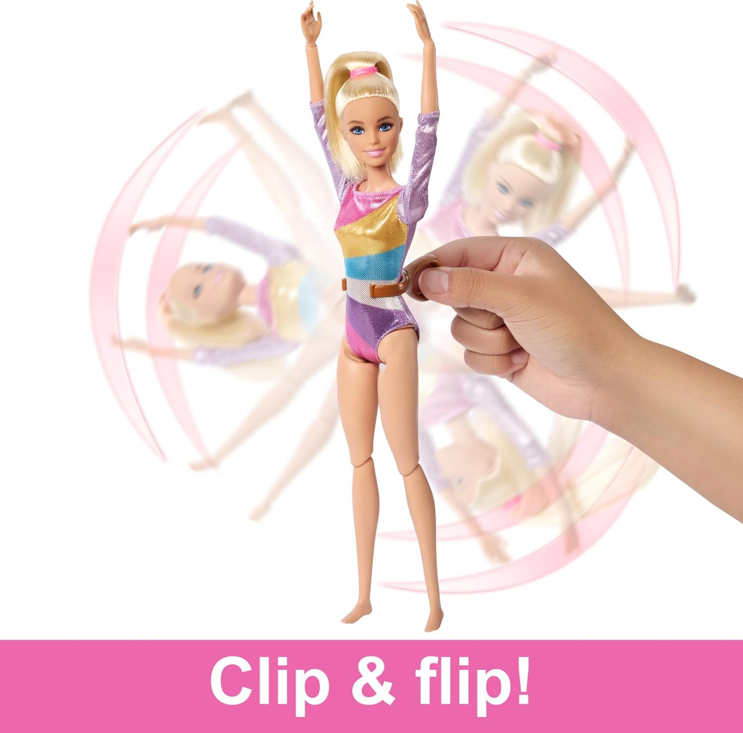 Barbie Muñeca de gimnasia y accesorios, juego con muñeca rubia de moda, clip en C para acción de giro, haz de equilibrio, traje de calentamiento y