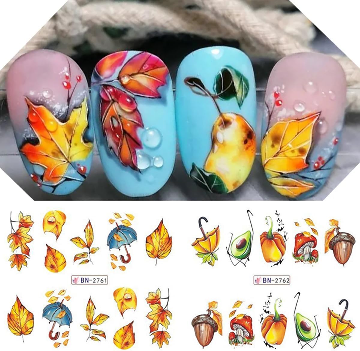 12 hojas de calcomanías de arte de uñas de otoño, hojas de arce, hojas de transferencia de agua, hojas de otoño, calabaza, piña, diseño de uñas,