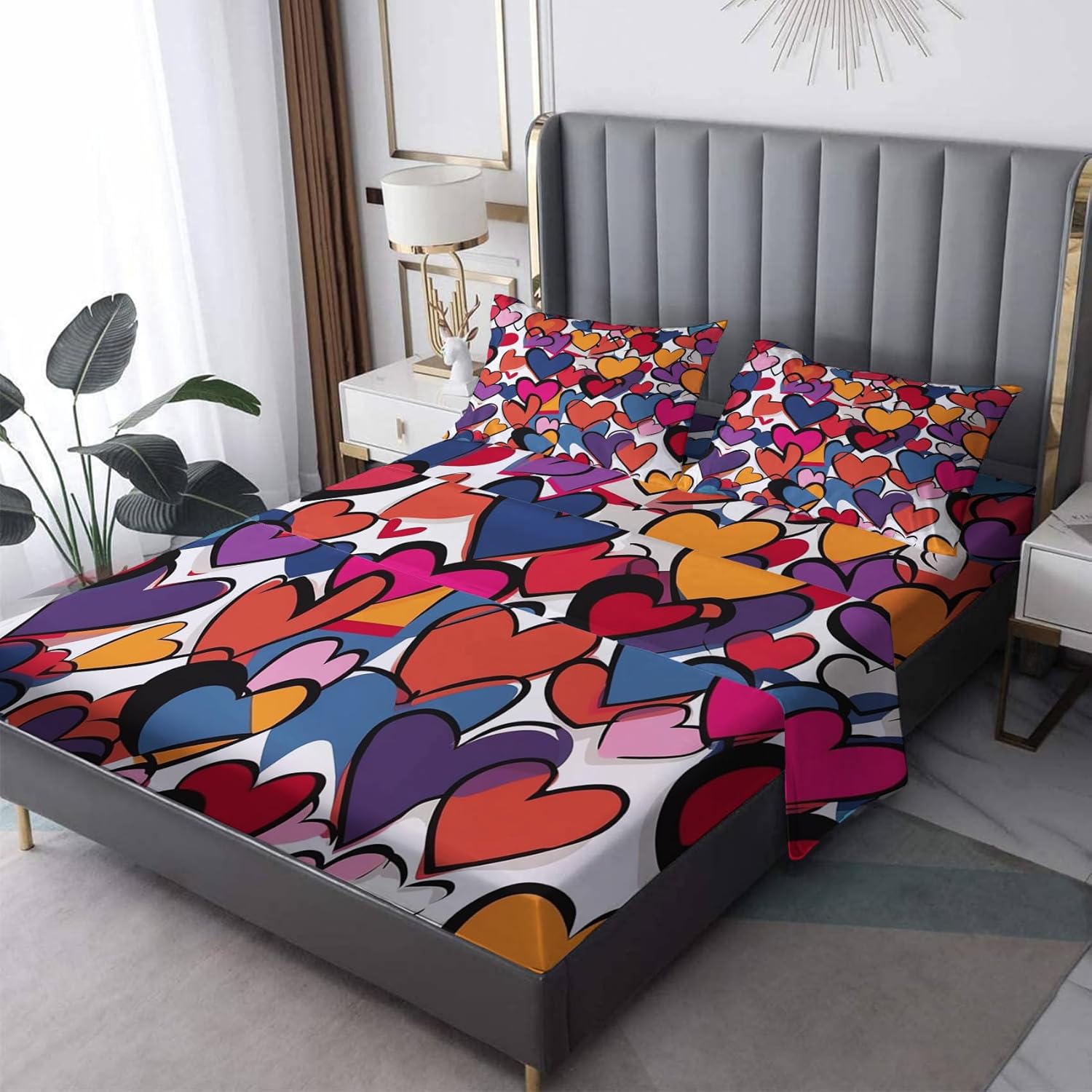 zcsm Sábanas de corazón tamaño Queen  Sábanas de microfibra suave con bolsillo profundo, sábanas y fundas de almohada estampadas sin arrugas, 4