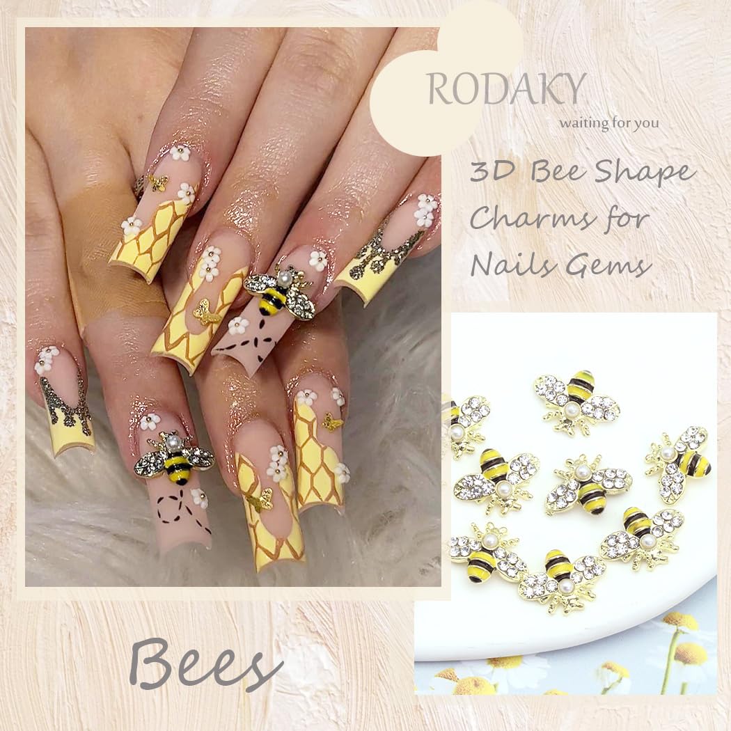 RODAKY 10 dijes de arte de uñas de abeja dorada 3D de aleación de oro de abejas para uñas, diseño de bricolaje, lindo kawaii para uñas de cristal de