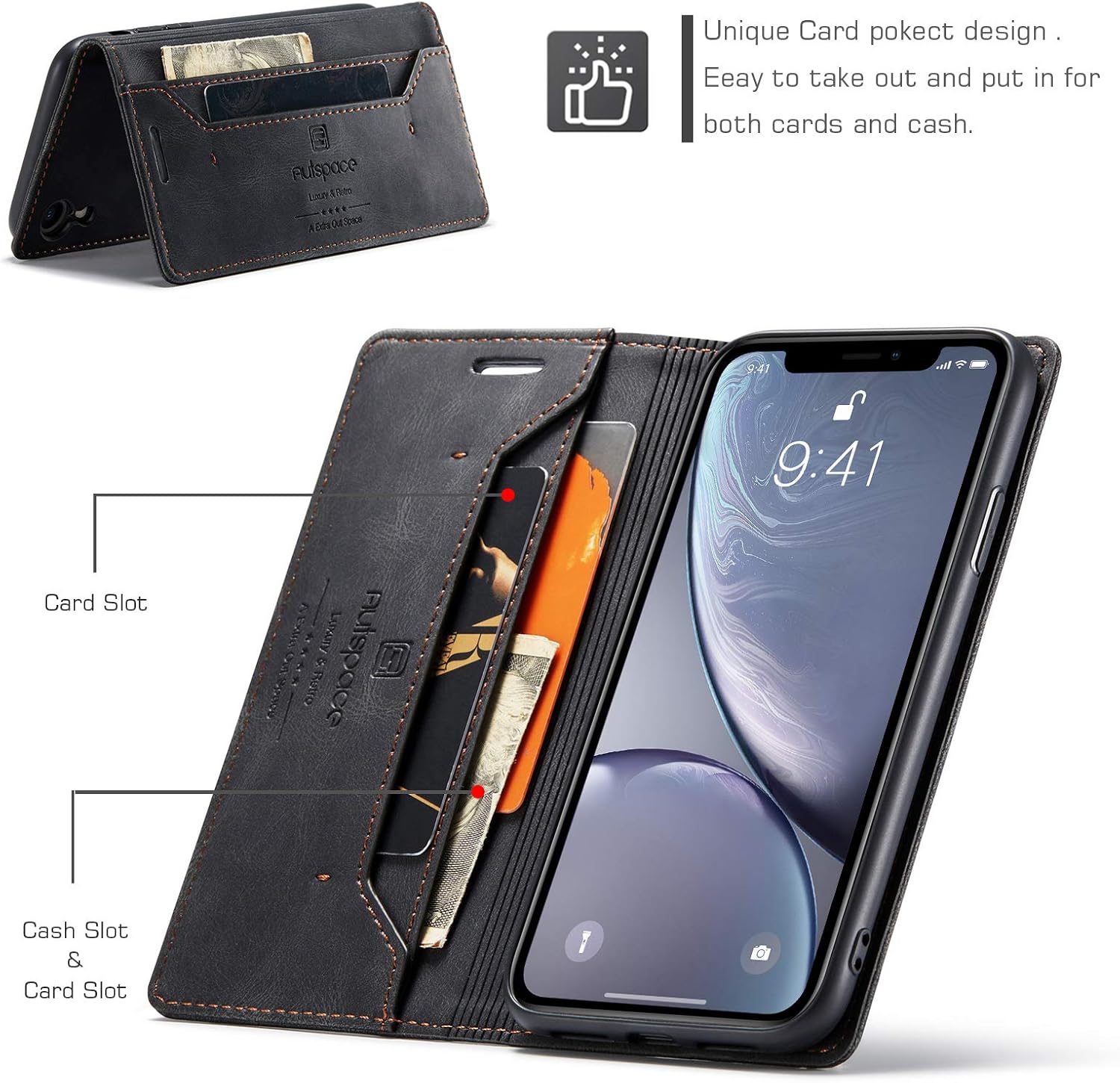 Para iPhone X iPhone Xs Case, Vintage Wallet Case Card Holder Kickstand Funda de cuero con tapa magnética incorporada para iPhone XXS – Negro