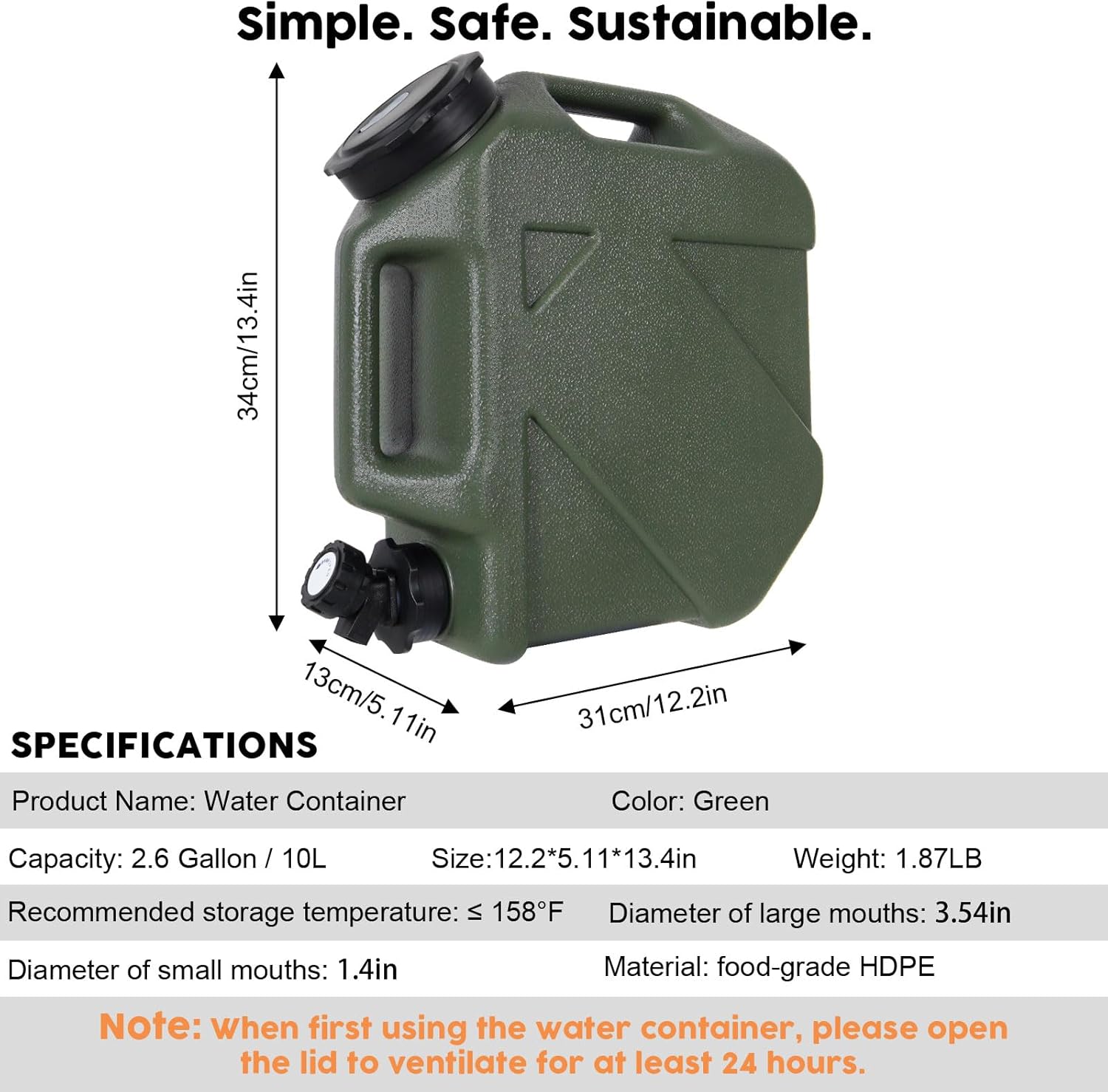 Jarra de agua para camping, contenedores de agua de 2.6 galones, sin BPA, almacenamiento de agua con espita sin fugas, portátil, tanque de agua de