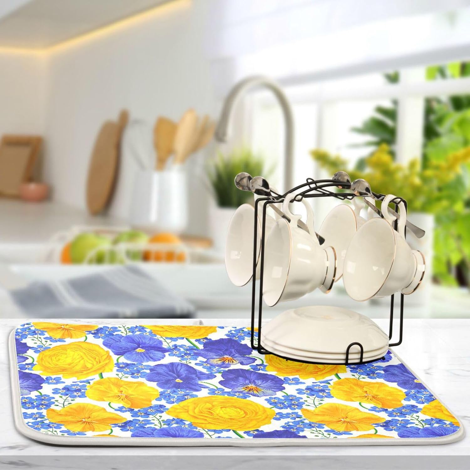 Botanical Realistic Flowers Dish Mat Washnable Absorbent Drying Mat For Kitchen Counter Dish Drainer Cloth Tapete Para Cocina 16” x 18”