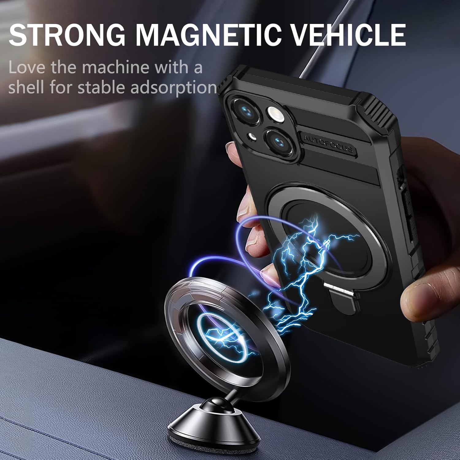 Funda magnética para iPhone 13 compatible con MagSafe con 2 protectores de pantalla de vidrio templado con soporte de anillo, grado militar,