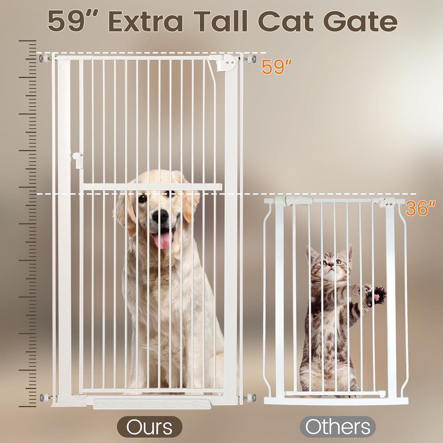 Puerta extra alta para mascotas de 59 pulgadas, puerta de metal duradera para gatos con doble cerradura de seguridad y puerta de paso, cierre