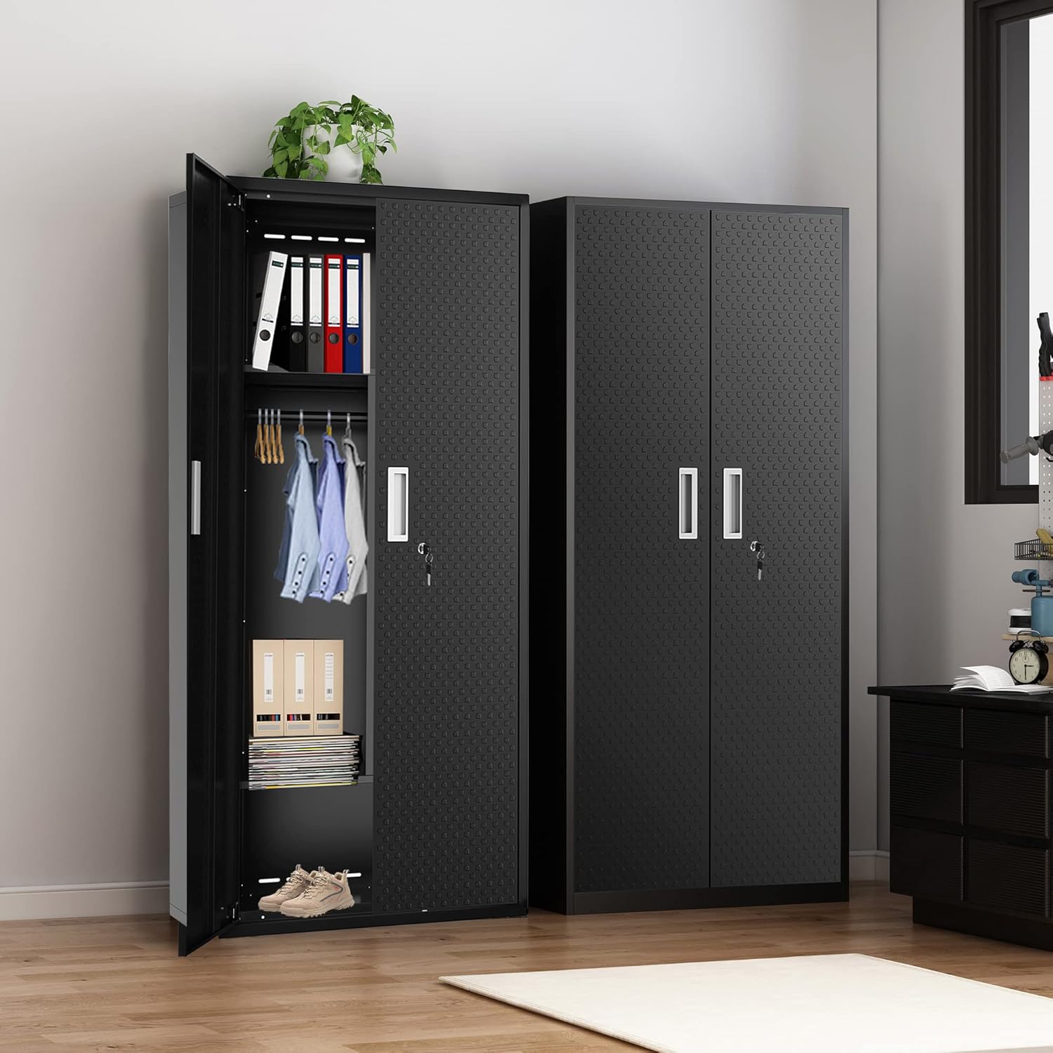 Metal Storage Cabinets Locker for Home Office, 71″ Garage Storage Cabinet with Lockable Door, Adjustable Shelves and Hanging Rod, Steel Wardrobe