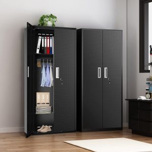 Metal Storage Cabinets Locker for Home Office, 71″ Garage Storage Cabinet with Lockable Door, Adjustable Shelves and Hanging Rod, Steel Wardrobe Metal Storage Cabinets Locker for Home Office, 71″ Garage Storage Cabinet with Lockable Door, Adjustable Shelves and Hanging Rod, Steel Wardrobe
