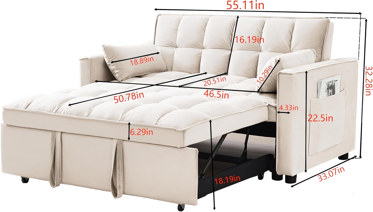Sofá cama convertible 3 en 1, moderno sofá biplaza futón, cama extraíble, sofá de dos plazas tapizado de terciopelo pequeño con respaldo reclinable,