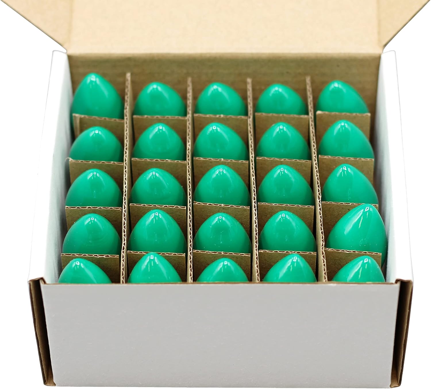 Creative Hobbies Caja de 25 bombillas  C7, combustión constante  Verde opaco  7 vatios, vida útil, base de candelabro chapada en níquel  Ideal para