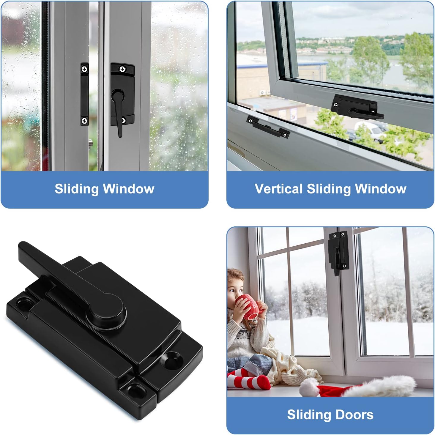 MXiiXM Paquete de 4 cerraduras deslizantes para ventana, cerraduras de leva para ventana de doble colgado, cerradura de vinilo de seguridad y