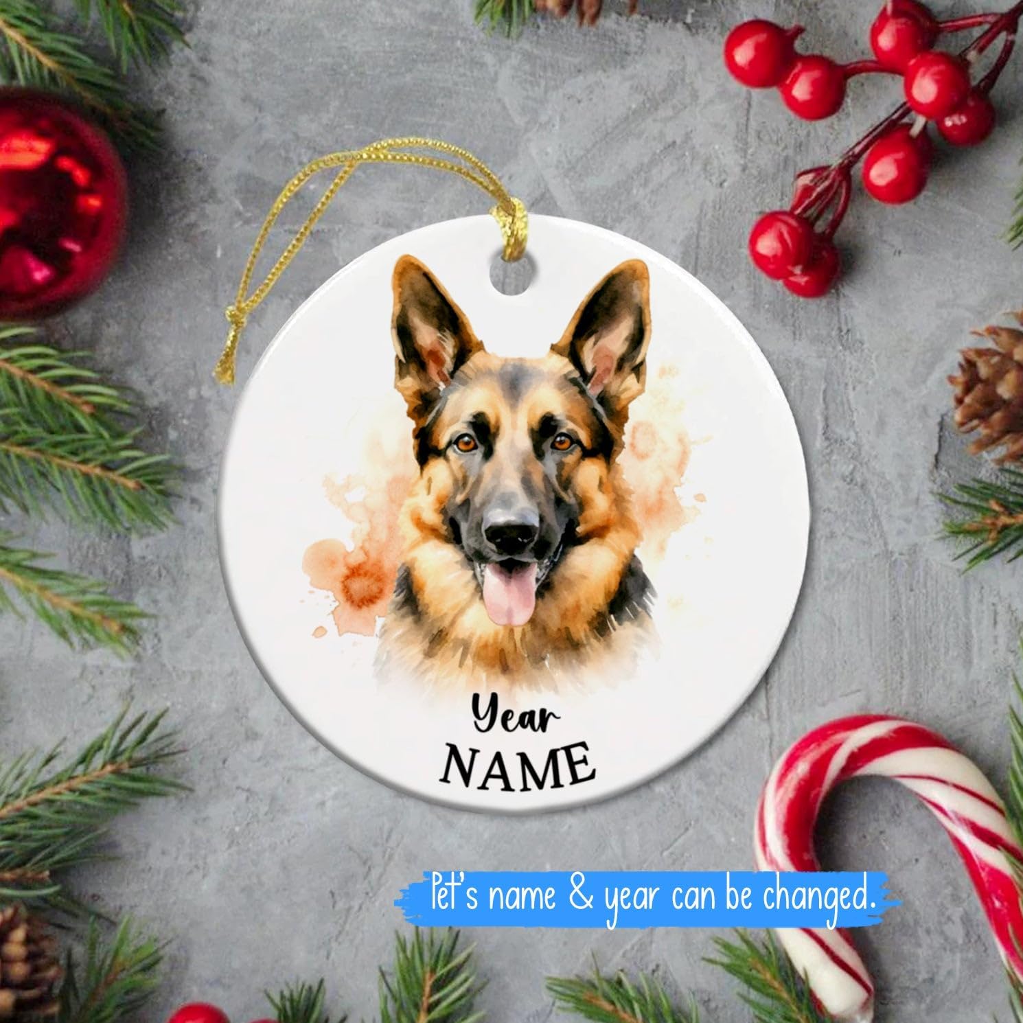 Adorno personalizado de cerámica para perro pastor alemán, adorno de árbol de Navidad personalizado para perro con nombre y año, adorno de cerámica
