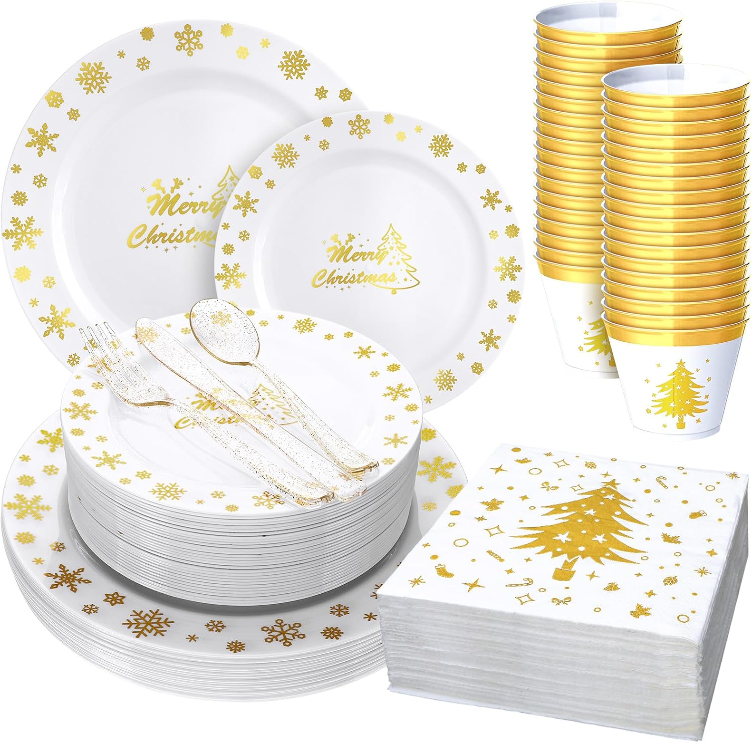 El juego de vajilla de plástico de Navidad de 400 piezas incluye 100 platos de plástico desechables de Navidad, 100 servilletas de árbol de Navidad,