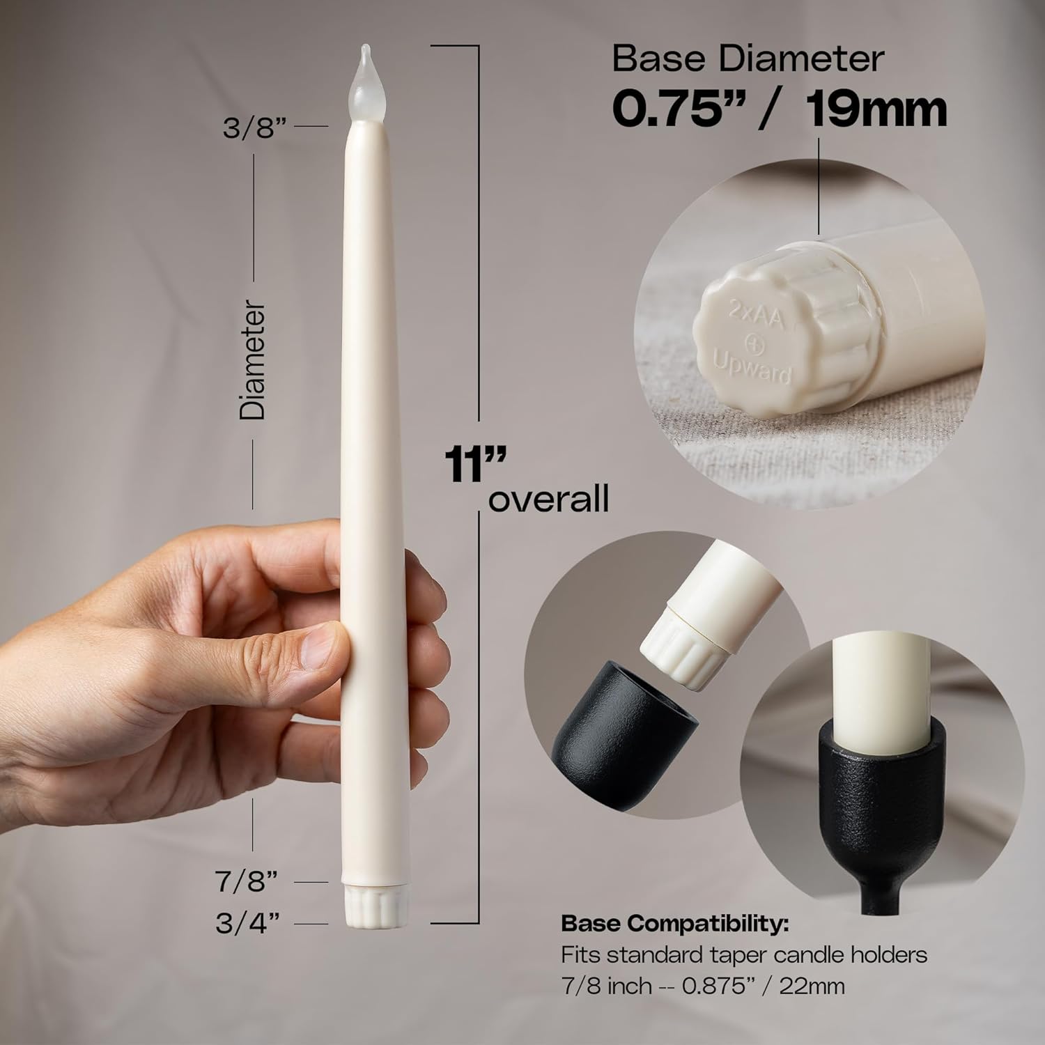 WYZworks Paquete de 6 velas LED sin llama de 11 pulgadas, color marfil, cera real, parpadeantes, funciona con pilas, para vacaciones, Navidad, San