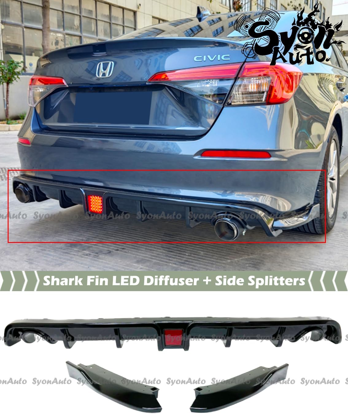 Compatible con difusor trasero de aleta de tiburón negro brillante Honda Civic Sedan 2022-2024 con luz de freno LED y divisores laterales