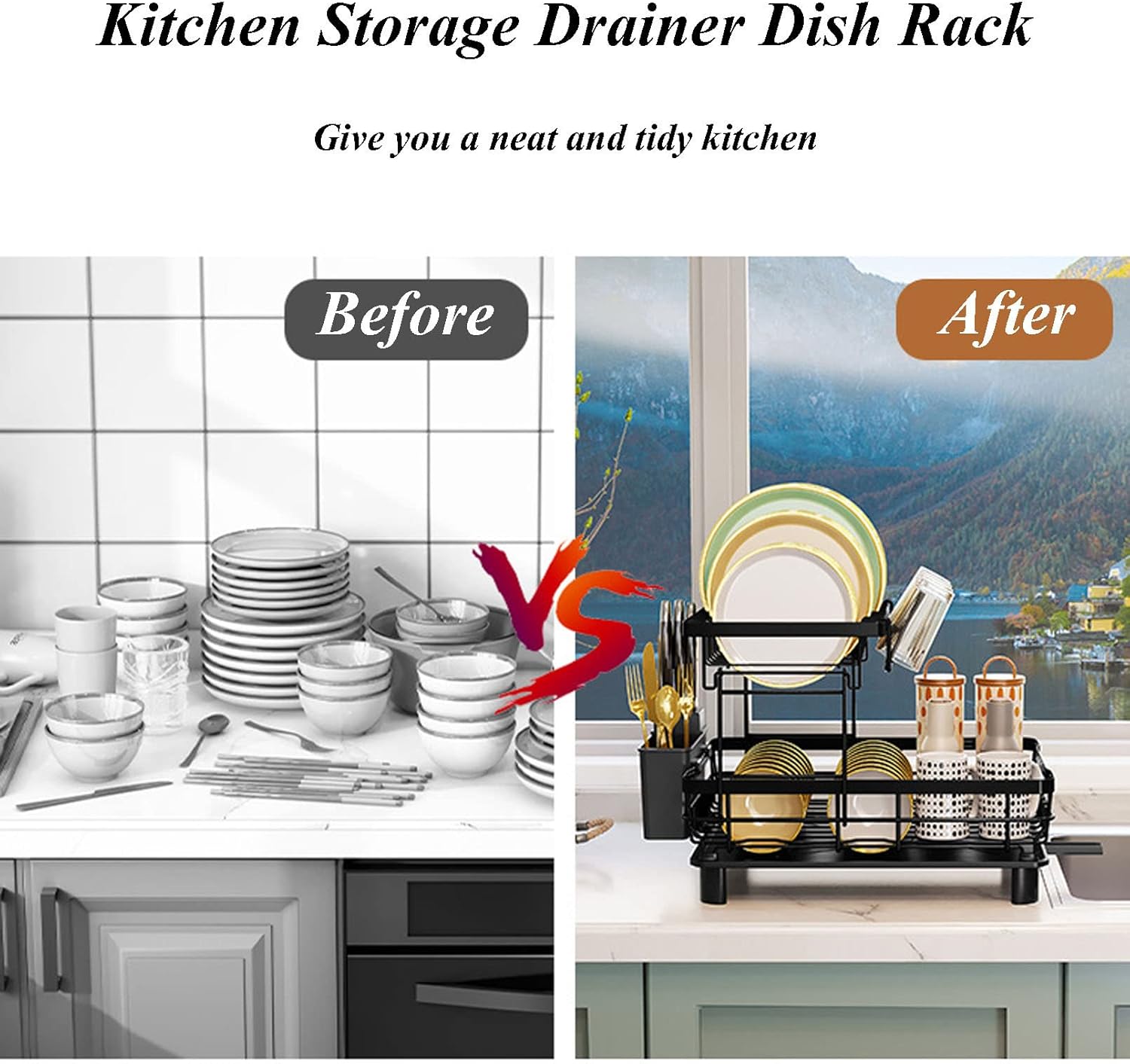 Escurridor de platos con juego de escurridor, escurridor grande de 2 niveles con drenaje para encimera de cocina, escurridor de platos grande con