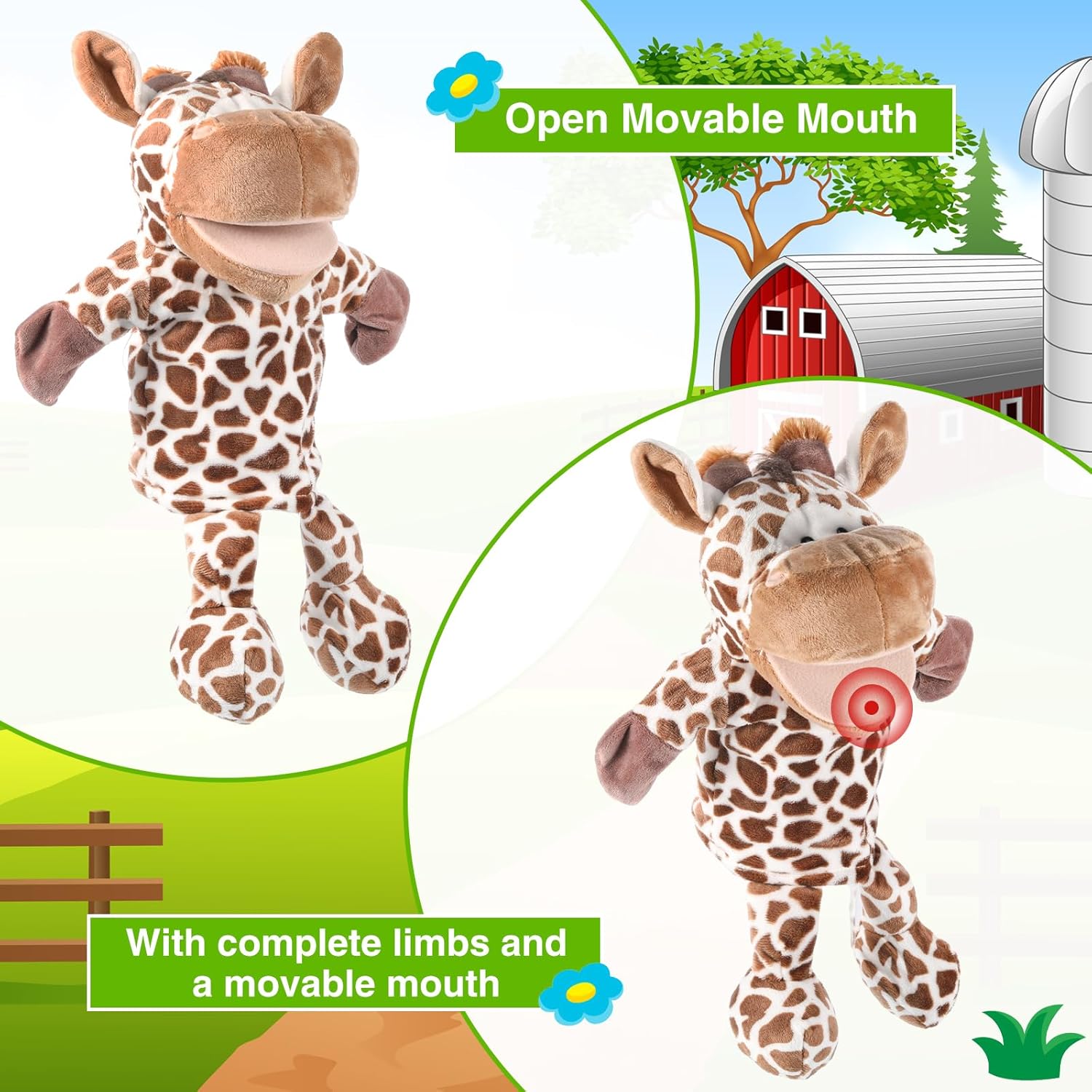 9 marionetas de mano de animales con boca abierta y movible de 11.8 a 13.8 pulgadas, animales de granja suaves, animales de peluche, animales de